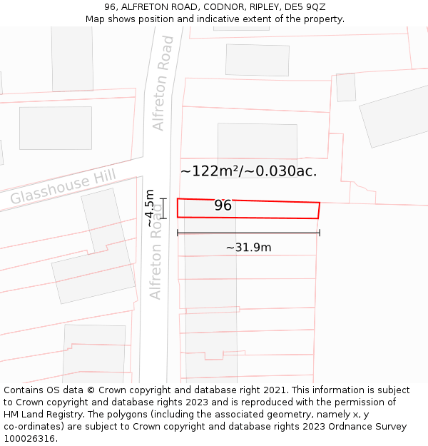 96, ALFRETON ROAD, CODNOR, RIPLEY, DE5 9QZ: Plot and title map