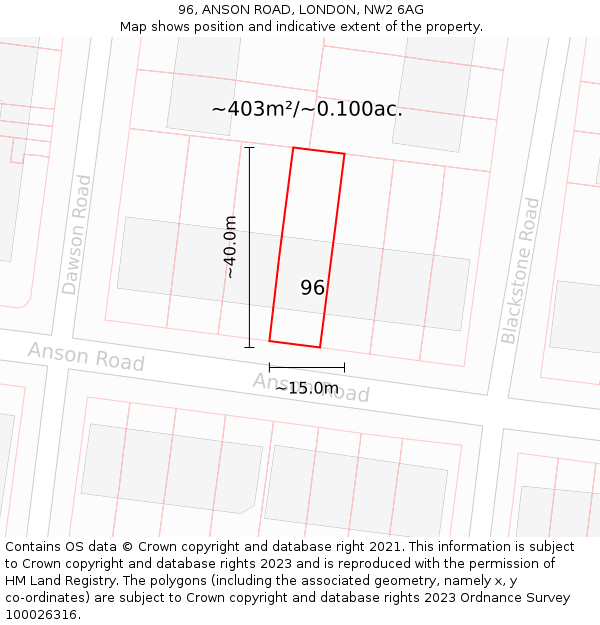 96, ANSON ROAD, LONDON, NW2 6AG: Plot and title map