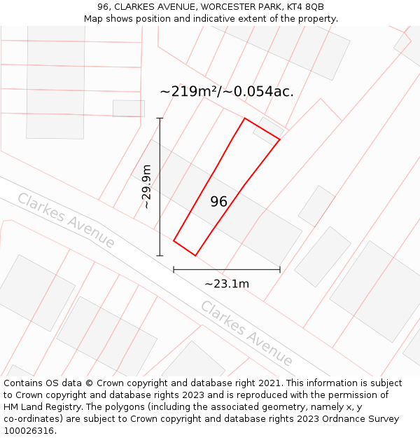 96, CLARKES AVENUE, WORCESTER PARK, KT4 8QB: Plot and title map