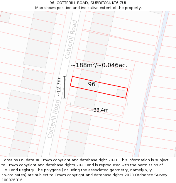 96, COTTERILL ROAD, SURBITON, KT6 7UL: Plot and title map