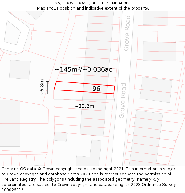 96, GROVE ROAD, BECCLES, NR34 9RE: Plot and title map