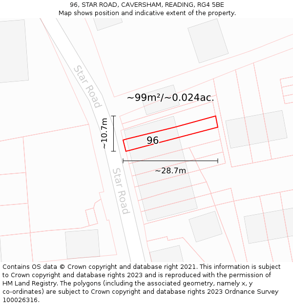 96, STAR ROAD, CAVERSHAM, READING, RG4 5BE: Plot and title map