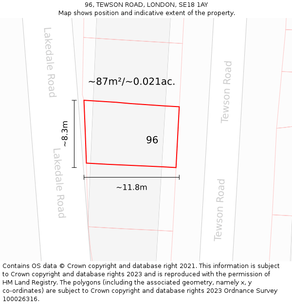 96, TEWSON ROAD, LONDON, SE18 1AY: Plot and title map
