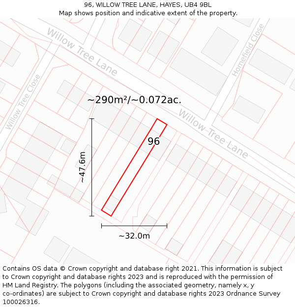 96, WILLOW TREE LANE, HAYES, UB4 9BL: Plot and title map