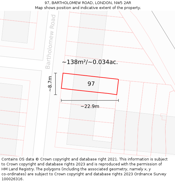 97, BARTHOLOMEW ROAD, LONDON, NW5 2AR: Plot and title map