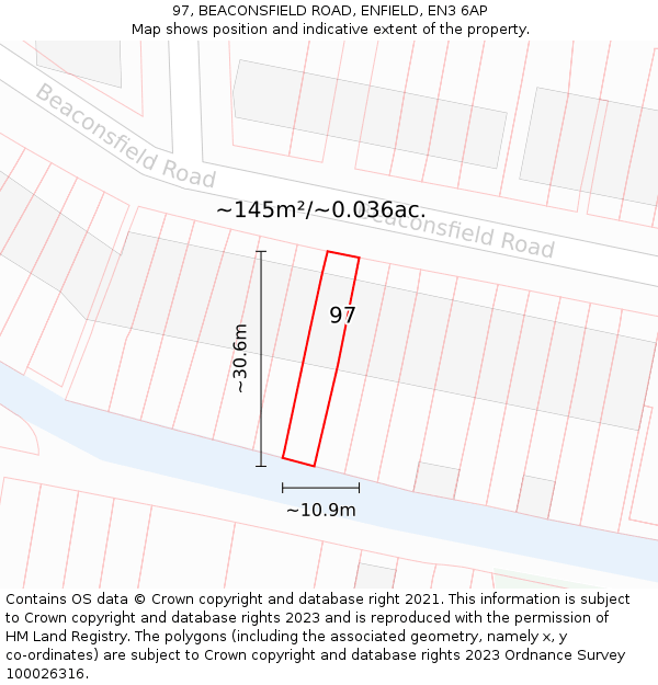 97, BEACONSFIELD ROAD, ENFIELD, EN3 6AP: Plot and title map