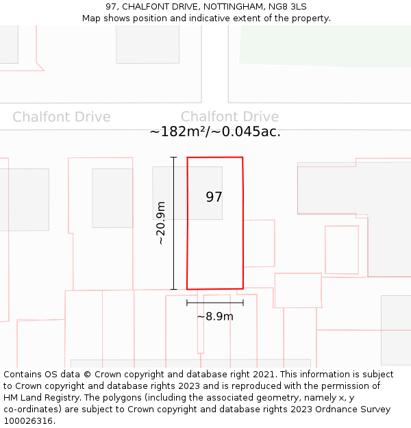 97, CHALFONT DRIVE, NOTTINGHAM, NG8 3LS: Plot and title map