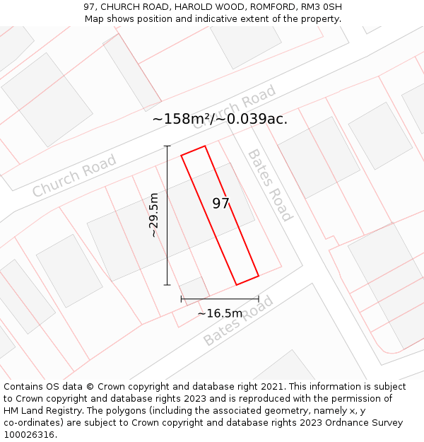 97, CHURCH ROAD, HAROLD WOOD, ROMFORD, RM3 0SH: Plot and title map