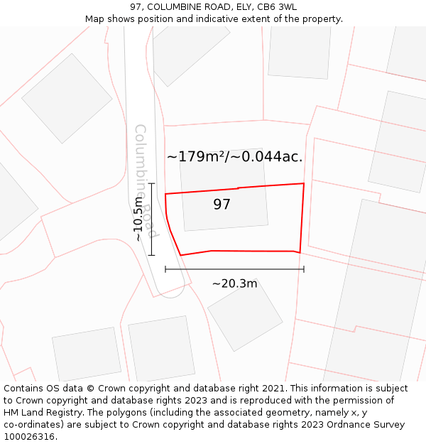 97, COLUMBINE ROAD, ELY, CB6 3WL: Plot and title map