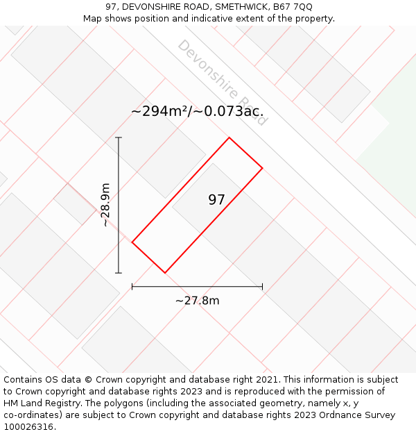 97, DEVONSHIRE ROAD, SMETHWICK, B67 7QQ: Plot and title map