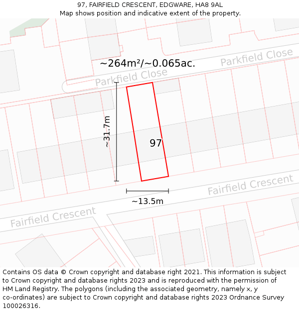 97, FAIRFIELD CRESCENT, EDGWARE, HA8 9AL: Plot and title map