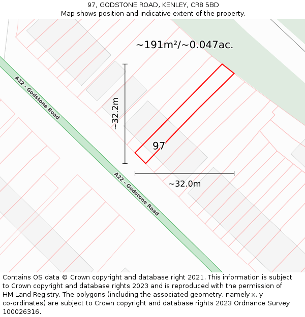 97, GODSTONE ROAD, KENLEY, CR8 5BD: Plot and title map