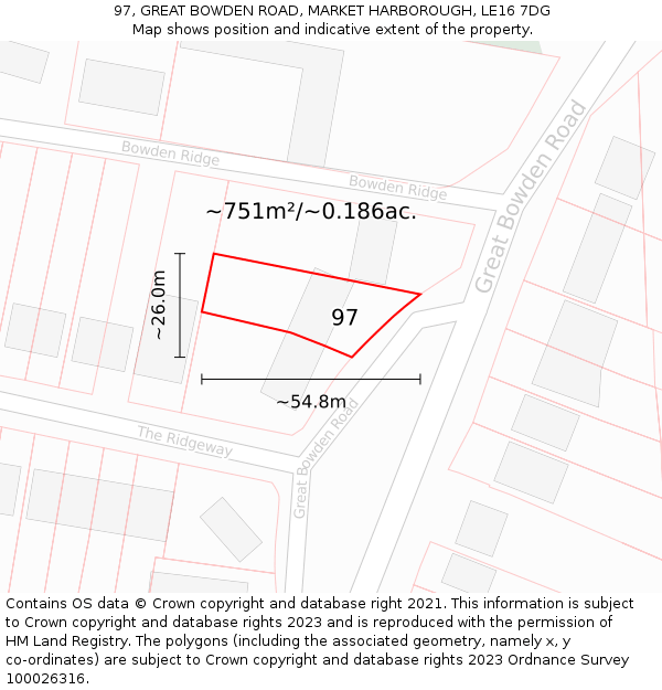 97, GREAT BOWDEN ROAD, MARKET HARBOROUGH, LE16 7DG: Plot and title map