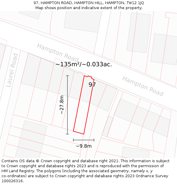 97, HAMPTON ROAD, HAMPTON HILL, HAMPTON, TW12 1JQ: Plot and title map