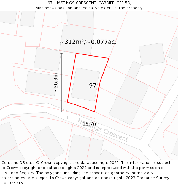97, HASTINGS CRESCENT, CARDIFF, CF3 5DJ: Plot and title map