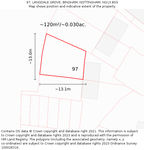 97, LANGDALE GROVE, BINGHAM, NOTTINGHAM, NG13 8SS: Plot and title map