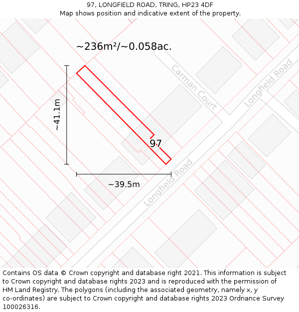 97, LONGFIELD ROAD, TRING, HP23 4DF: Plot and title map