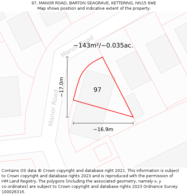 97, MANOR ROAD, BARTON SEAGRAVE, KETTERING, NN15 6WE: Plot and title map