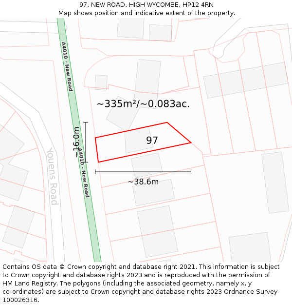 97, NEW ROAD, HIGH WYCOMBE, HP12 4RN: Plot and title map
