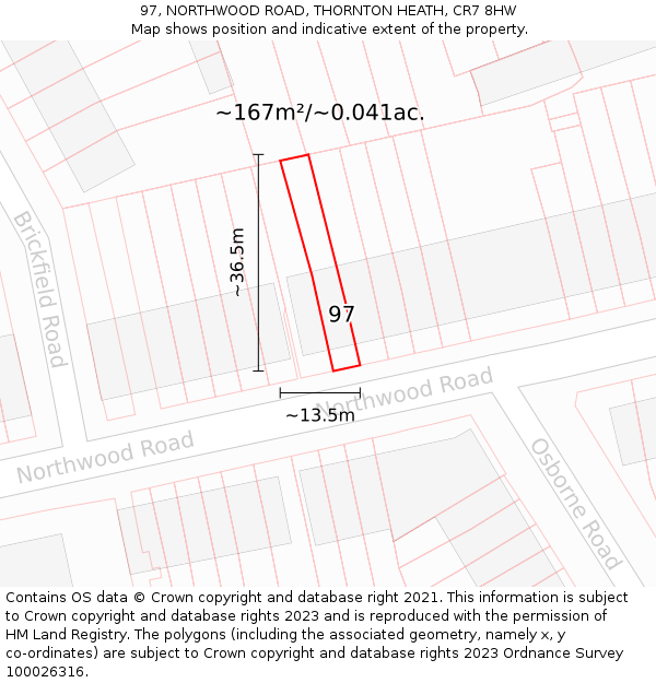 97, NORTHWOOD ROAD, THORNTON HEATH, CR7 8HW: Plot and title map