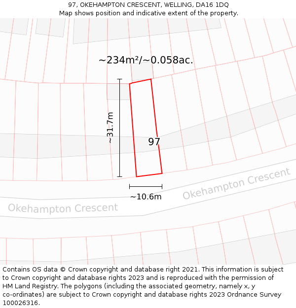 97, OKEHAMPTON CRESCENT, WELLING, DA16 1DQ: Plot and title map