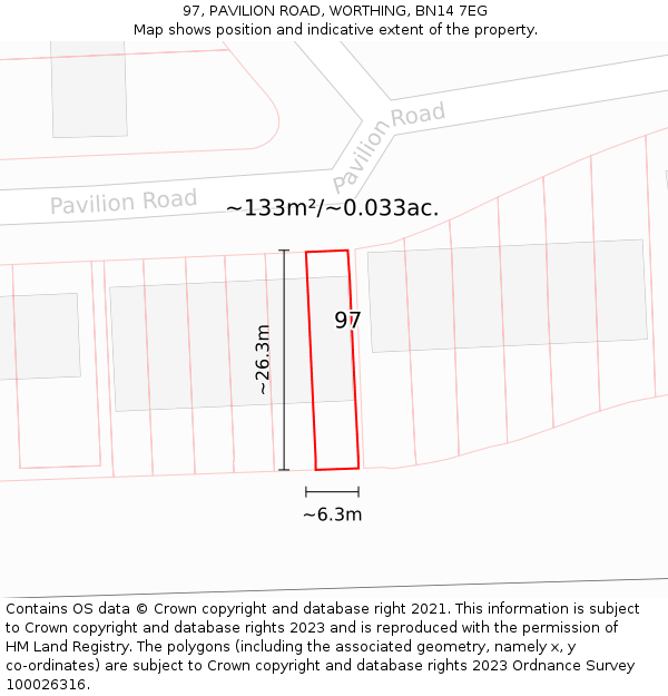 97, PAVILION ROAD, WORTHING, BN14 7EG: Plot and title map