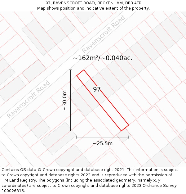97, RAVENSCROFT ROAD, BECKENHAM, BR3 4TP: Plot and title map