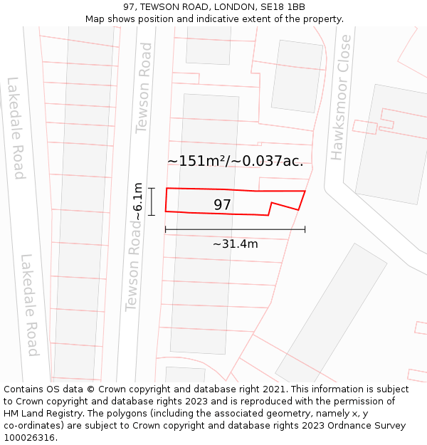 97, TEWSON ROAD, LONDON, SE18 1BB: Plot and title map