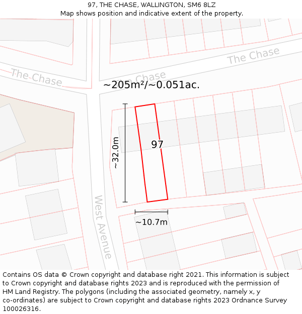 97, THE CHASE, WALLINGTON, SM6 8LZ: Plot and title map