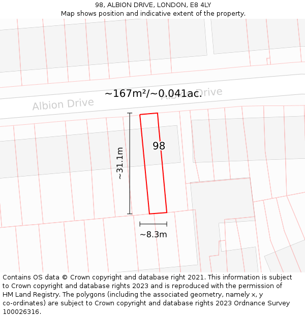 98, ALBION DRIVE, LONDON, E8 4LY: Plot and title map