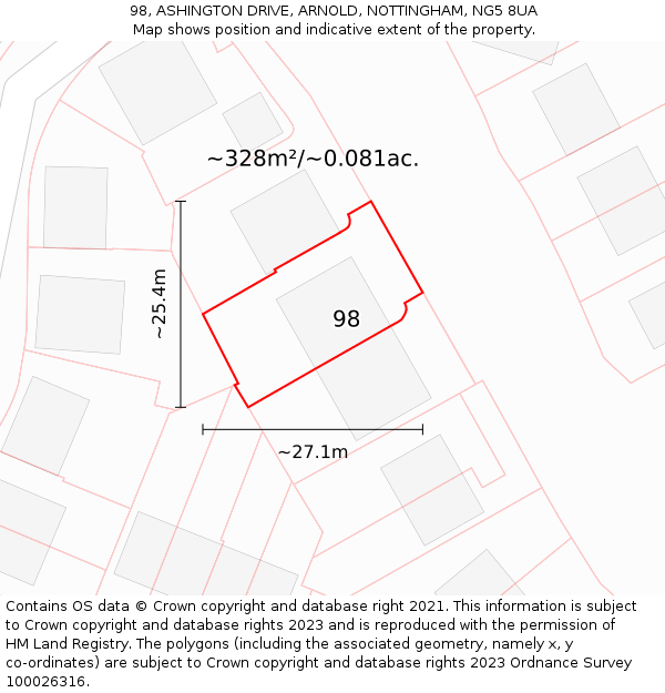 98, ASHINGTON DRIVE, ARNOLD, NOTTINGHAM, NG5 8UA: Plot and title map