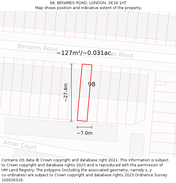 98, BENARES ROAD, LONDON, SE18 1HT: Plot and title map