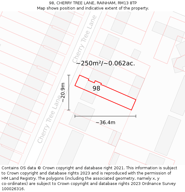 98, CHERRY TREE LANE, RAINHAM, RM13 8TP: Plot and title map