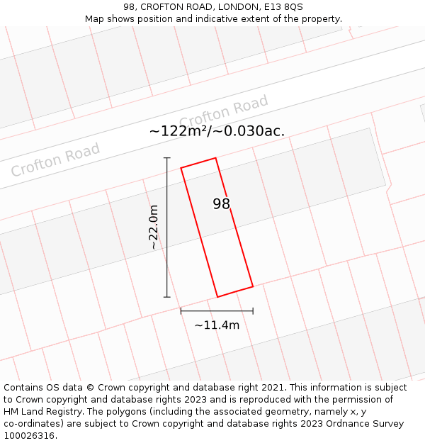 98, CROFTON ROAD, LONDON, E13 8QS: Plot and title map