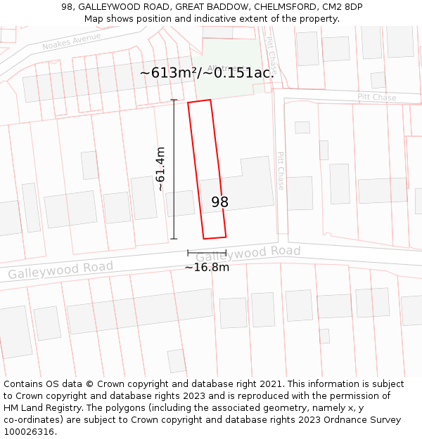 98, GALLEYWOOD ROAD, GREAT BADDOW, CHELMSFORD, CM2 8DP: Plot and title map