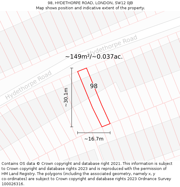 98, HYDETHORPE ROAD, LONDON, SW12 0JB: Plot and title map