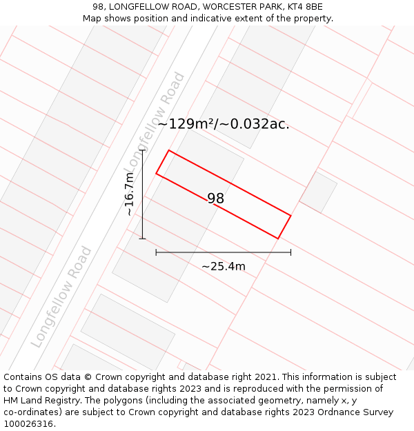 98, LONGFELLOW ROAD, WORCESTER PARK, KT4 8BE: Plot and title map