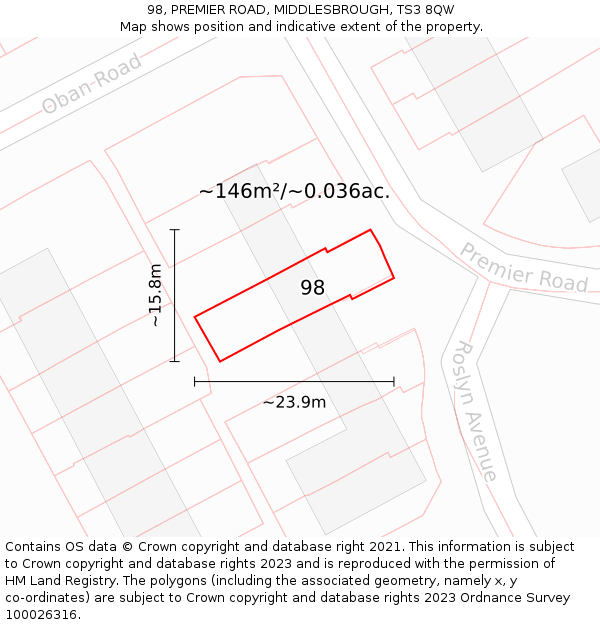 98, PREMIER ROAD, MIDDLESBROUGH, TS3 8QW: Plot and title map