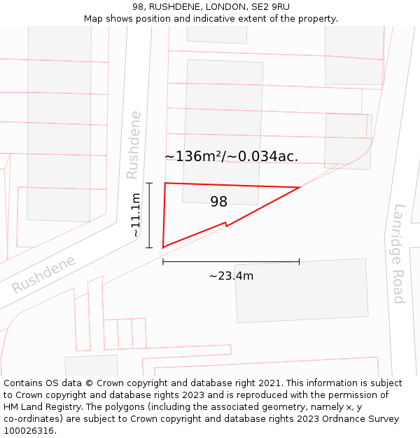 98, RUSHDENE, LONDON, SE2 9RU: Plot and title map