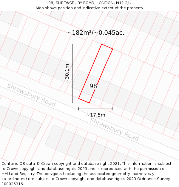 98, SHREWSBURY ROAD, LONDON, N11 2JU: Plot and title map