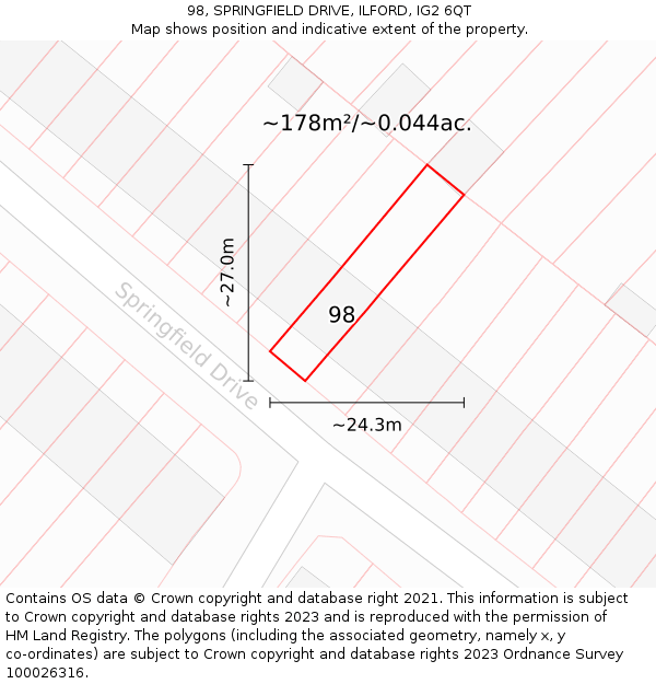 98, SPRINGFIELD DRIVE, ILFORD, IG2 6QT: Plot and title map