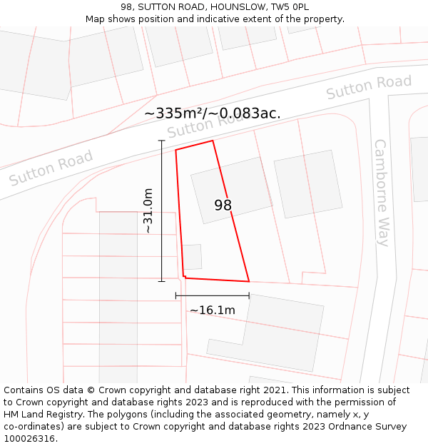 98, SUTTON ROAD, HOUNSLOW, TW5 0PL: Plot and title map