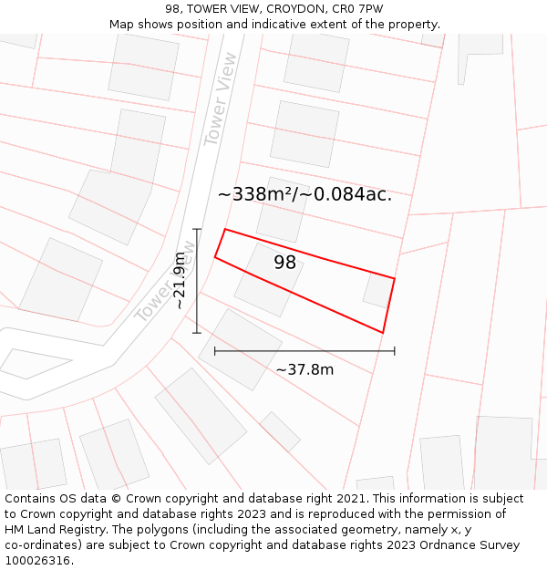98, TOWER VIEW, CROYDON, CR0 7PW: Plot and title map