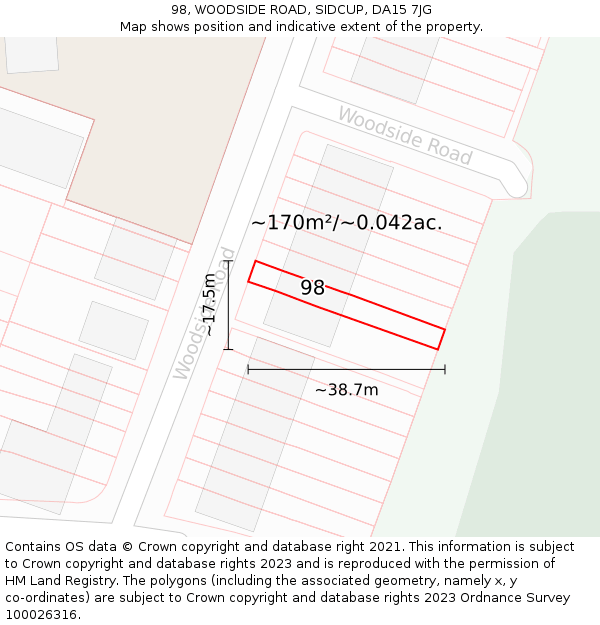 98, WOODSIDE ROAD, SIDCUP, DA15 7JG: Plot and title map