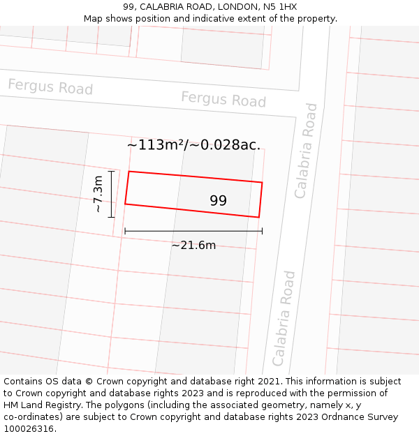 99, CALABRIA ROAD, LONDON, N5 1HX: Plot and title map