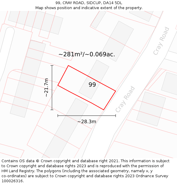 99, CRAY ROAD, SIDCUP, DA14 5DL: Plot and title map