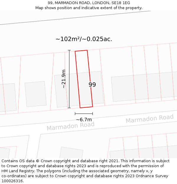 99, MARMADON ROAD, LONDON, SE18 1EG: Plot and title map
