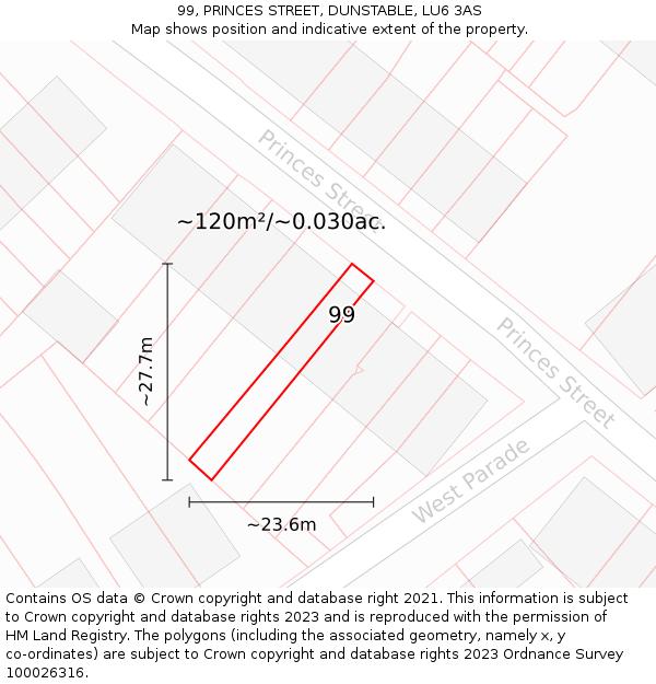 99, PRINCES STREET, DUNSTABLE, LU6 3AS: Plot and title map