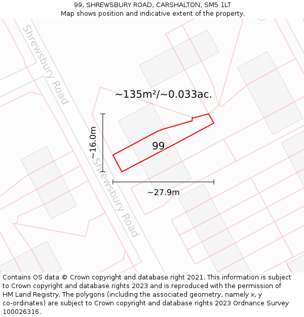 99, SHREWSBURY ROAD, CARSHALTON, SM5 1LT: Plot and title map