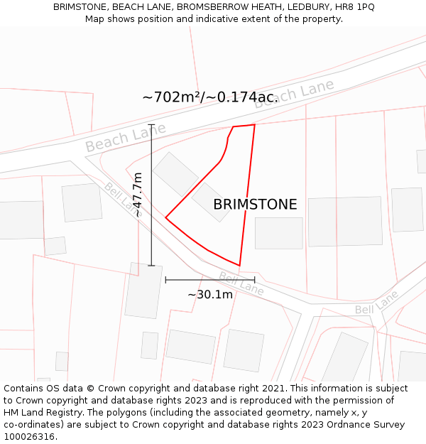 BRIMSTONE, BEACH LANE, BROMSBERROW HEATH, LEDBURY, HR8 1PQ: Plot and title map